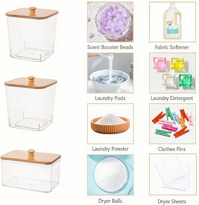 6-Piece Laundry Pod Storage Set. Transparent laundry storage container with bamboo lid and label, ideal for storing fabric softener, liquid detergent, laundry pods, and fragrance boosters.