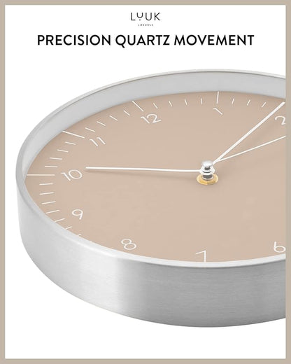 LUUK LIFESTYLE Modern Quartz Wall Clock with Silent Movement, Second Hand and Arabic Numerals, Deco for Kitchen, Bedroom, Office, Cream I Beige