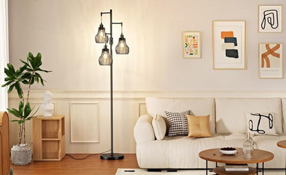 Dimmable Floor Lamp, 3 x 800LM LED Edison Bulbs Included, Farmhouse Industrial Floor Lamp Standing Tree Lamp with Elegant Cage Tall Lamps for Living Room Bedroom Office - Black