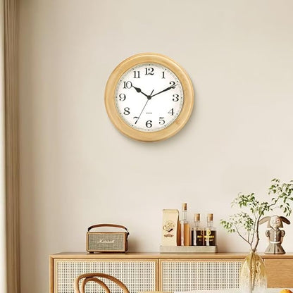 Kesin Wooden Analog Wall Clock, 11 inches Round Wall Clocks Battery Operated Silent Non-Ticking, Large Roman Numerals, Traditional Design for Kitchen Living Room Classroom Gym, Natural Grain