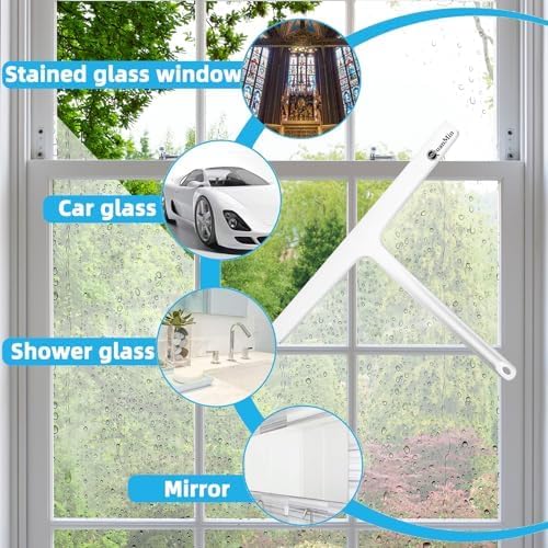 Upgraded 9 Inch Shower Squeegee with Hook - Stainless Steel Core & Silicone Blade | Multi-Purpose Glass Wiper for Shower Doors, Windows, Ceramics - Rounded White