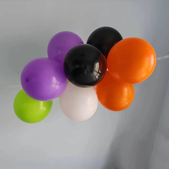 Halloween Balloons w/Ribbon 100 Pack 12 Inch Black Orange White Purple Green Balloons for Halloween Party Decorations