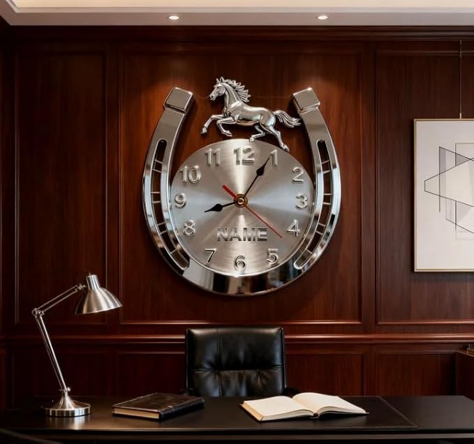 Personalized Horseshoe Name Wall Clock for Horse Lovers Acrylic 2D Printing Customizable Horseshoe Clock with Name 10/12/14/16 Inch Decorative Home Office Clocks
