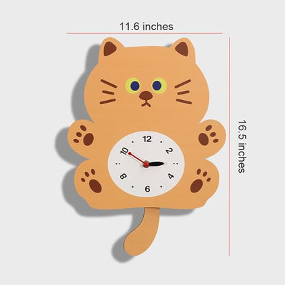 FASHION in THE CITY Adorable Cat Themed Swing Wall Clock - Silent Non-Ticking Pendulum Clock, Easy to Read Analog Clock for Cat Lovers, Nursery, Kitchen, Cute Home Decor Gift (YBZ001-Yellow)