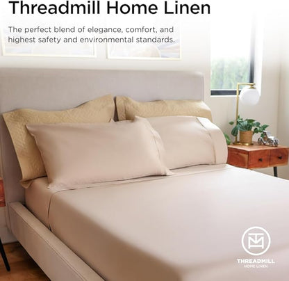 Threadmill 100% Cotton Sheets for King Size Bed - 600 Thread Count King Bed Sheets Set with 16” Deep Pocket - Sateen Weave 4-Piece Bedding Set with Cooling Effect, Beige