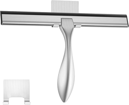 peafowl Shower Squeegee Stainless Steel Bath Squeegee for Shower Glass Doors Bathroom Windows Kitchen Mirror and Car Glass with Hooks Holder (10 inch, Brushed Silver)