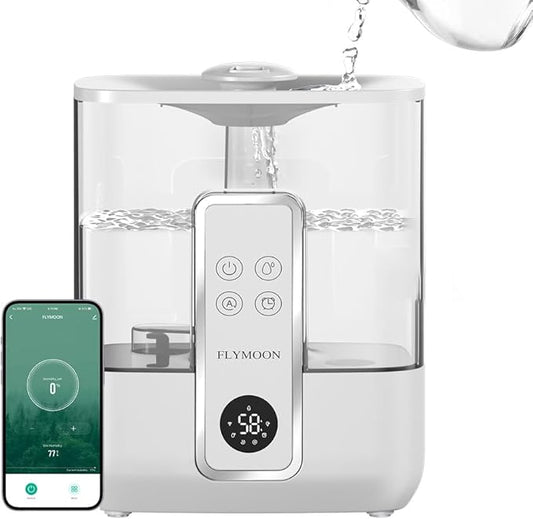 Flymoon 5L Quiet Mist Humidifier for Bedroom Large Room, Air Humidifier for Baby & Plants, Top Fill, 28dB, 3 Mist Levels, 12H Timer, App Control, White