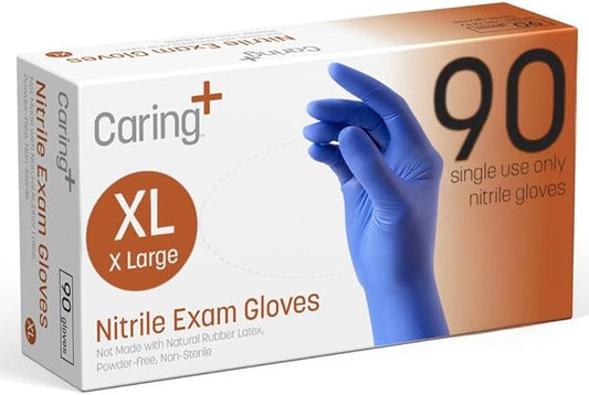 Caring Nitrile Exam Gloves, Blue, Powder-Free, Disposable Gloves for Medical Care, First Aid, Cleaning, Food Prep