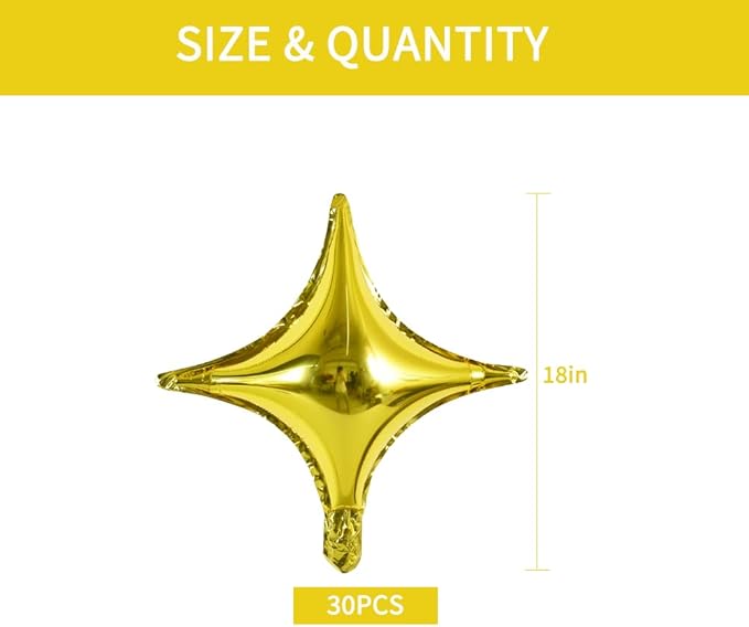 18inch Star Shape Foil Mylar Balloon,30 pcs Gold Four Angle Star Balloons for Birthday Party,Wedding,Valentine's Day, engagement party，Christmas,Baby Shower Backdrops Decorations ﻿