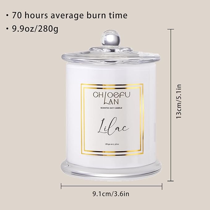 Chloefu LAN Lilac Candle, Scented Candles for Home, Wedding Gift for Women, Natural Soy Wax for Clean Burning, Luxury Glass Jar, Bridal Shower Gifts, Non-Toxic, 70 Hour Burn, 10 oz