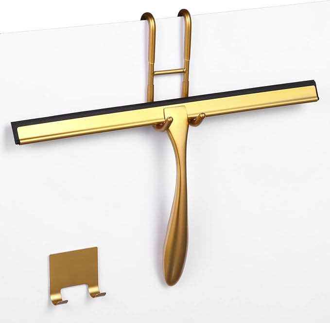 Shower Squeegee for Glass Doors,14-Inch Shower Glass Squeegee, Gold Shower Squeegee for Shower Doors,Mirror,Windows, with Shower Door Hook and Adhesive Hook
