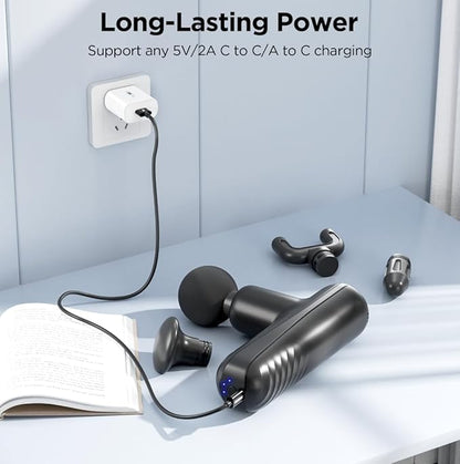 Mini Massage Gun, Powerful Handheld Muscle Massager for Back Pain Relief, Deep Tissue Percussion Small Massage Gun Travel Massager with 4 Massage Heads Silent Brushless Motor, Black