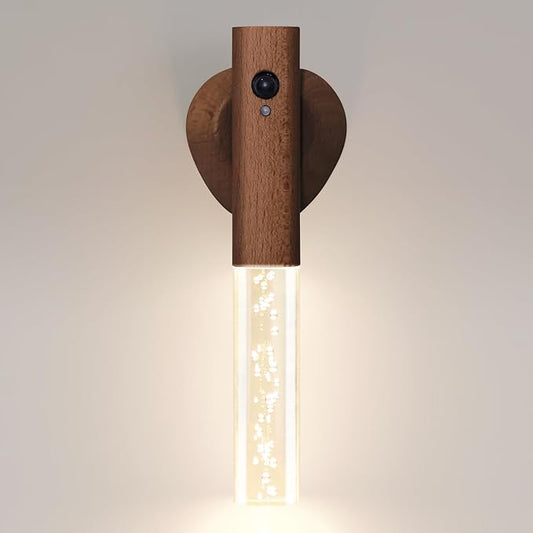 Motion Sensor Night Light Indoor, Rechargeable Night Light Wall Sconce Wood Set of 1, Battery Powered Magnetic Wall Sconce Decor for Bedroom, Hallway, Bathroom, Stairway, Closet(Walnut Wood)