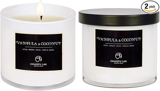 Chloefu LAN Vanilla & Coconut Scented Candle Sets Luxury Soy Jar Candle 7.1oz|45 Hour Long Lasting Burn Highly Scented Valentines Gifts for Men & Women All-Natural Soy Wax Candle 2 Pack
