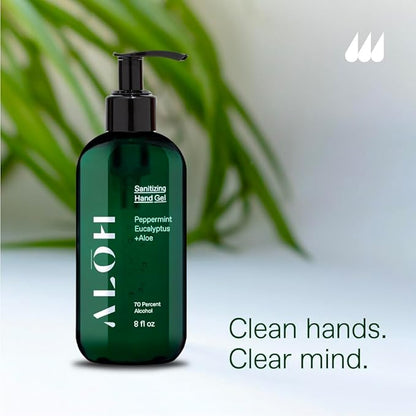 ALŌH Sanitizing Hand Gel 2-pack | Lemongrass + Aloe | 70% Alcohol Hydrating Hand Sanitizer Gel with Essential Oil, for Kids & Adults | 8oz Size Bottle (Set of 2)