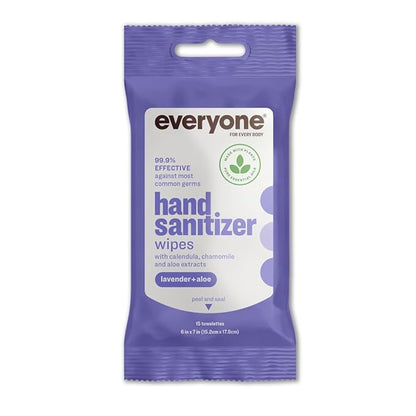 Everyone Hand Sanitizer Wipes, 15 Wipes (Pack of 6), Lavender and Aloe, Made with Sugarcane Derived Alcohol with Essential Oils, TSA friendly