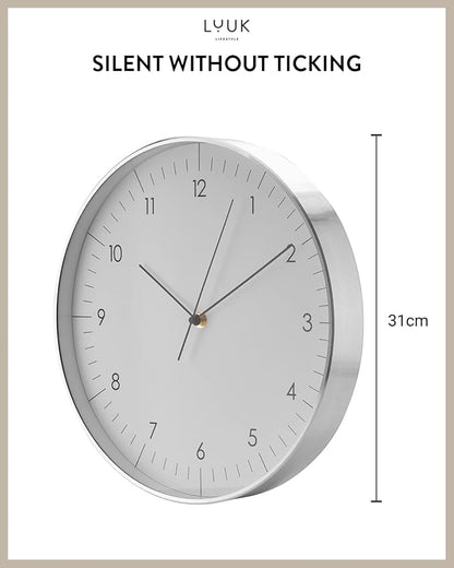 LUUK LIFESTYLE Modern Wall Clock Without Ticking, Pure Minimalist Design, legible Digits, Home Decor for Living Room, Office, in White and Silver