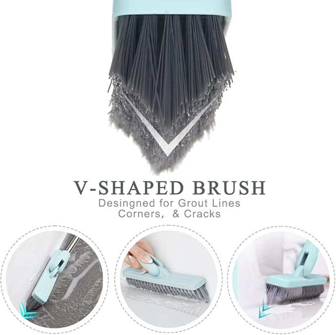 LandHope Tile Grout Brush Crevice Floor Scrub Brush 120°Rotatable Bathtub Clean Tool 9.06inches Wide 50inches Long Handle Grout Scrubber Indoor Kitchen Push Broom for Hard to Reach Areas Lengthen