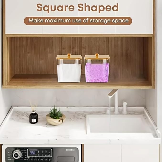 6-Piece Laundry Pod Storage Set. Transparent laundry storage container with bamboo lid and label, ideal for storing fabric softener, liquid detergent, laundry pods, and fragrance boosters.