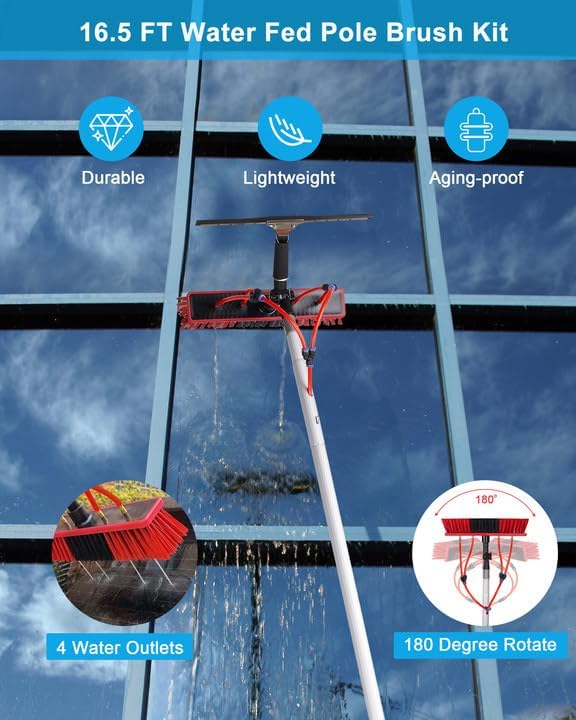 16.5ft Solar Panel Cleaning Brush & Squeegee, 2 Dusting Brush, Lightweight & Extendable Poles, Water Fed Poles Kit, Upgrade Window Washing Equipment
