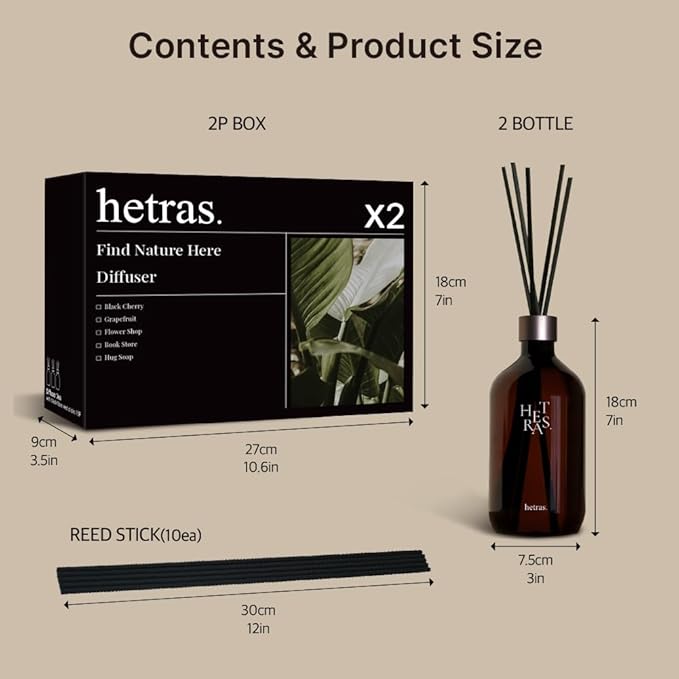 hetras Premium Reed Diffuser Set 16.9 fl.oz. 2 Pack | Grapefruit Scent | Long-Lasting Luxury Fragrance with 10 Reed Sticks for Home & Office | Gifts for Loved One