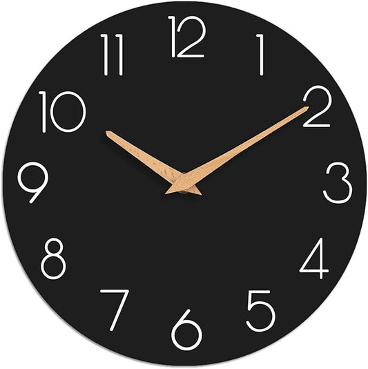 Wall Clock, 12 Inch Wooden Silent Non-Ticking, Decorative Battery Operated Wall Clocks for Bedroom, Kitchen, Home, Living Room, Office, School, Hotel (Black)