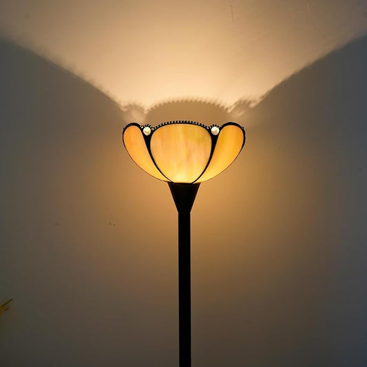 Tiffany Floor Lamp Yellow Stained Glass Tochiere Lamp Vintage 61 inches Tall Pole Standing Lamp with Foot Switch Tiffany Style Corner Light for Home Office