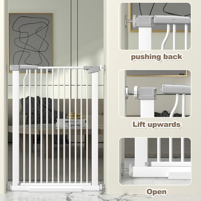 41" Extra Tall Cat Gate for Doorway, 29.6-31.5''W Metal Pet Baby Safe Gate, Extra Wide Pressure Mounted Baby Gate, No Drilling Cat Fence Indoor, Tall Dog Gate, White