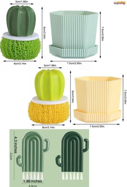 Kitchen Cleaning Brush Set with Holder & Drip Tray – 3 Head Cactus Scrub Brush, Row Brush, Mini Dish & Pot Brushes – Durable Multi-Purpose Scrubbers for Sink, Pans, Plates, Cups (Green)