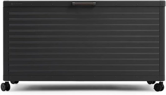 MIRADOR 175 Gallon Outdoor Storage Box Waterproof, Metal Deck Box with wheels for Patio Furniture, Garden Tools, Outdoor Cushion, Charcoal