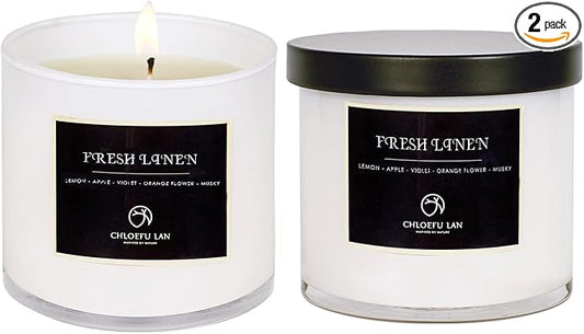 Chloefu LAN Fresh Linen Candles Laundry Candles Non-Toxic Air Freshening Scented Candle Decorative Pet Odor Eliminator for Home Luxury Scented Soy Jar Candle for Bathroom Decor 7.1 oz 2 Pack