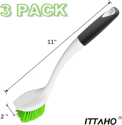ITTAHO Dish Scrubber Set, Kitchen Brush for Cleaning with Scraper Edge, Green Multi-Purpose Scrub Brush with Handle for Dishes,Sink,Pots,Pans,Shower,Tile,Tubs - 3 Pack