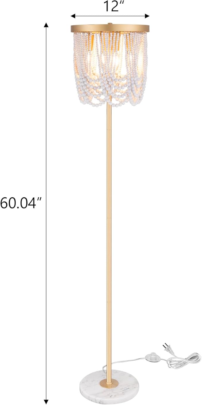 Wellmet Gold Floor Lamp for Living Room, Boho Floor Lamp with White Wood Beads for Bedroom, Unique Round Decorative Floor Lamps Lighting Fixture 60'' Sofa Bedside Standing Corner Lamp