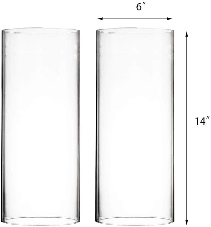 CYS EXCEL 2 PCS (H:14" D:6") Open Ended Glass Hurricane Candleholder Tube Shade | Multiple Size Choices Open Flame Candle Chimney Tube Cover | Bottomless Cylinder