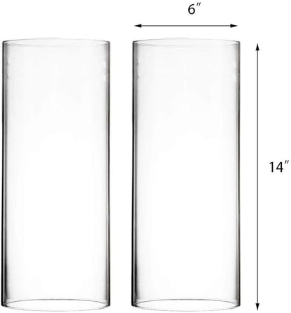 CYS EXCEL 2 PCS (H:14" D:6") Open Ended Glass Hurricane Candleholder Tube Shade | Multiple Size Choices Open Flame Candle Chimney Tube Cover | Bottomless Cylinder