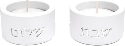 SURI Shabbat Candle Holders Set – Modern Judaica Shabbat Candlesticks for Tea Lights – Concrete Shabbos Candles Holders, Dripless Design – Jewish Gift & Home Decor