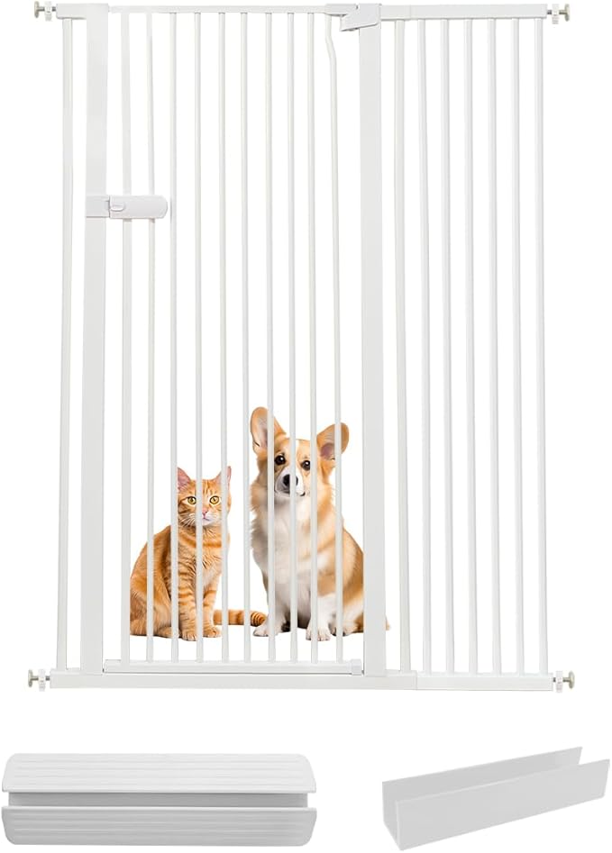 Lumizone Extra Tall Cat Gate 55.12" High Pressure Mounted Extra Wide 2025 New (17 Sizes) 1.37" Gap No Drilling Auto-Close One-Handed Operation Tall Pet Gate for Dogs(White, 55.12" H x 42.52"-46.64" W)