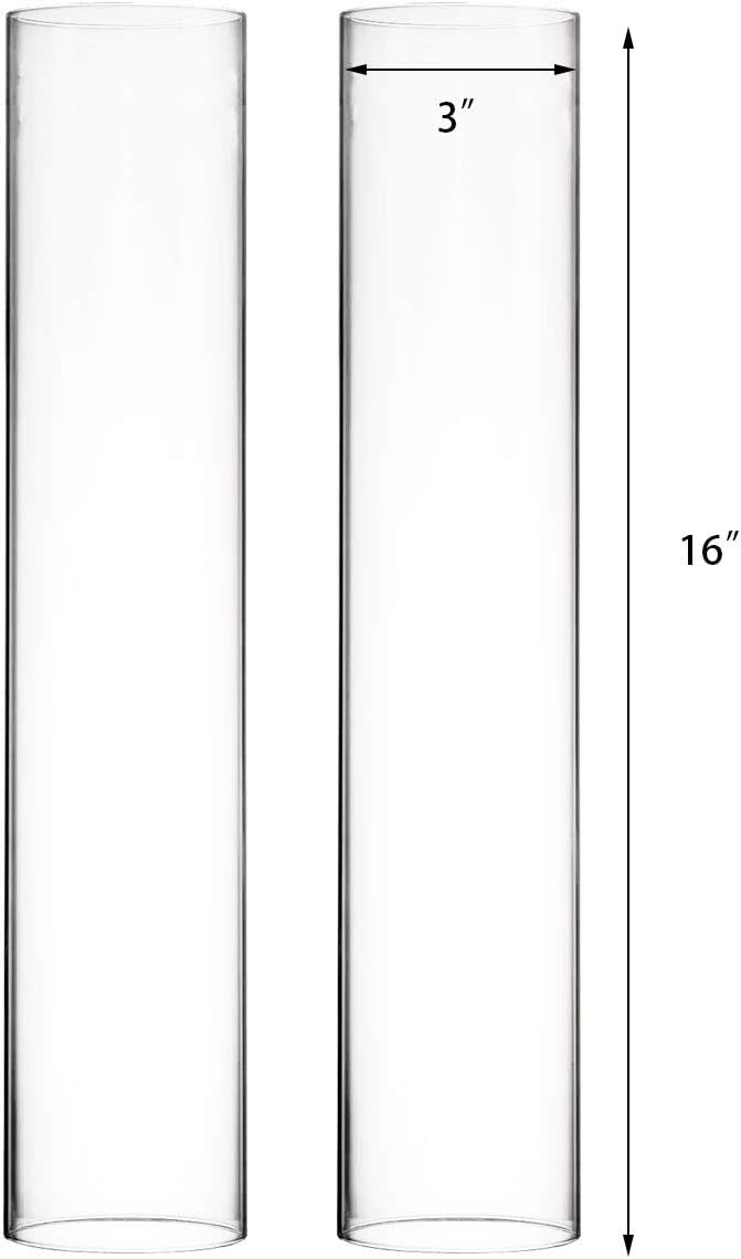 CYS EXCEL 2 PCS (H:16" D:3") Open Ended Glass Hurricane Candleholder Tube Shade | Multiple Size Choices Open Flame Candle Chimney Tube Cover | Bottomless Cylinder