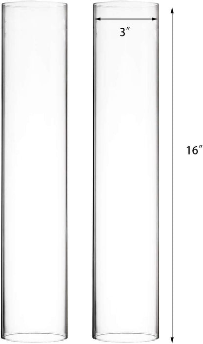 CYS EXCEL 2 PCS (H:16" D:3") Open Ended Glass Hurricane Candleholder Tube Shade | Multiple Size Choices Open Flame Candle Chimney Tube Cover | Bottomless Cylinder