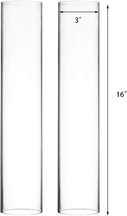 CYS EXCEL 2 PCS (H:16" D:3") Open Ended Glass Hurricane Candleholder Tube Shade | Multiple Size Choices Open Flame Candle Chimney Tube Cover | Bottomless Cylinder
