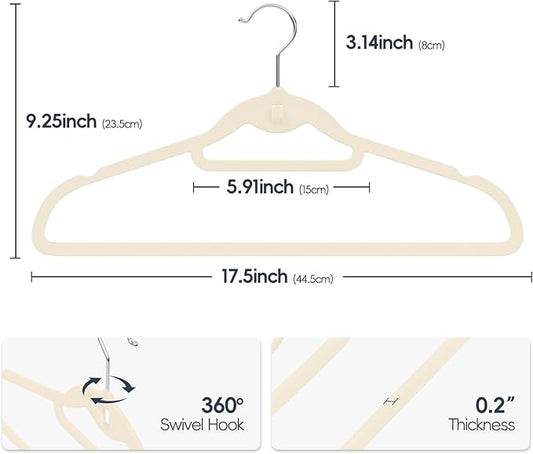 Velvet Hangers 50 Pack, Non Slip Stackable Clothes Hangers with Cascading Hooks, Ultra Thin and Space Saving Felt Hangers with Tie Bar, 360° Swivel Hooks, Heavy Duty for Suit Coat Shirt Pant- Ivory