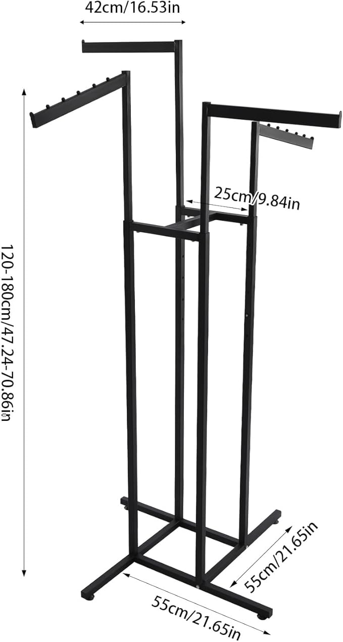 Clothing Rack - Heavy Duty 4 Way Adjustable Clothing Rack with Slanted Arms, Retail Clothing Rack Display With 2 Straight Arms and 2 Slanted Arms Perfect for Clothing Store Display (Black)