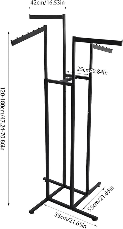 Clothing Rack - Heavy Duty 4 Way Adjustable Clothing Rack with Slanted Arms, Retail Clothing Rack Display With 2 Straight Arms and 2 Slanted Arms Perfect for Clothing Store Display (Black)
