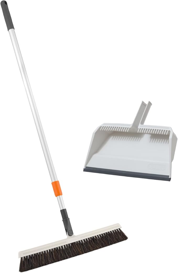 Superio 18" Horse Hair Upright Broom and 16" Dustpan with Comb – Narrow Thin Dust Broom for Dog Hair – Telescopic Handle – Floor Cleaning Set for Hardwood & Tile – Gray/White