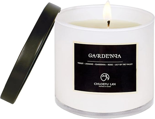 Chloefu LAN Premium Gardenia Scented Candle for Men & Women, Highly Scented, 7.1oz|45 Hour Long Lasting, All Natural Soy Candles, Home Decor, White Glass Jar Candle with Gift Box