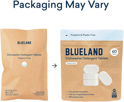 BLUELAND 100% Plastic-Free Dishwasher Detergent Tablets, 60 Count, Free & Clear, Eco-Friendly Dishwashing Pods, Natural, USDA Certified biobased