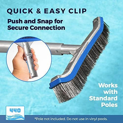 440 Heavy Duty Pool Brush - 18-inch Extra-Wide Metal Brush Head with Stainless Steel Wire Bristles & Curved Edges for Cleaning Pool Tiles, Walls, Floor, Steps (Stainless Steel) - Pack of 12