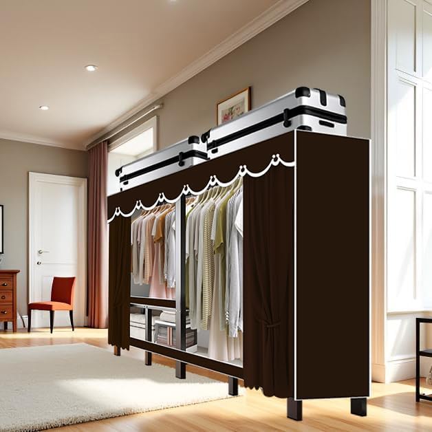 Foldable Portable Wardrobe Closet with Cover, Heavy Duty Clothing Rack for Hanging Clothes has 59in Vertical Storage Space, Coffee Metal Garment Rack (Coffee, 70.9in)
