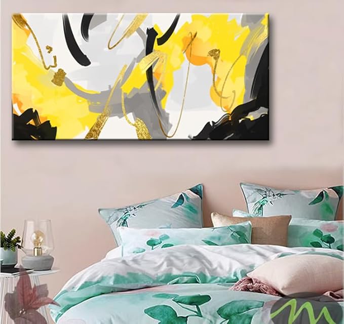 weiyiart Abstract Yellow and Black Canvas Wall Art Bold Modern Print Painting Fluid Picture Artwork for Contemporary Living Room Bedroom Office Decoration 24"x48"