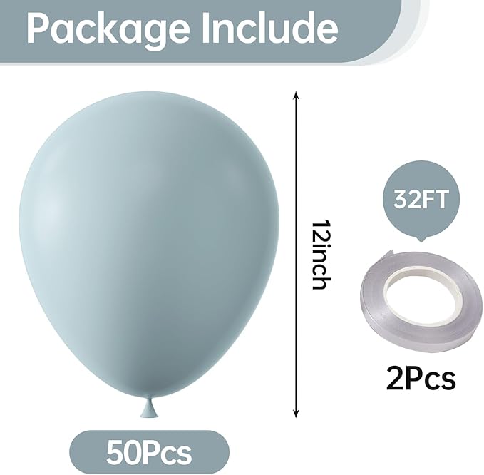 KALOR 12 Inch Retro Mist Blue Balloons, 50 Pcs Latex Helium Balloons for Kid's Birthday Party, Baby Shower, Wedding, Graduate Party Decorations